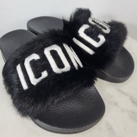 NWB~$825~DSQUARED2~7.5/8~ICON BLACK WHITE GENUINE  RABBIT FUR SANDALS SLIDES - Picture 11 of 16